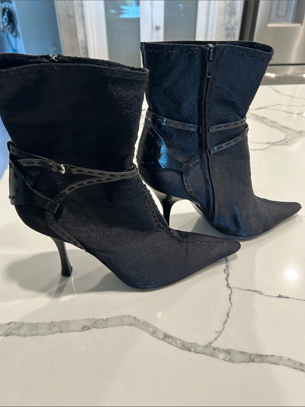 BCBG Black Pointed Toe Ankle Boots with Strap Detail